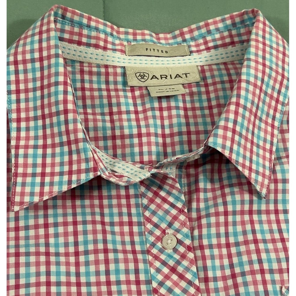 Ariat Women's Western Pink Blue White Checkered Button Up Long Sleeve Shirt SzXL
